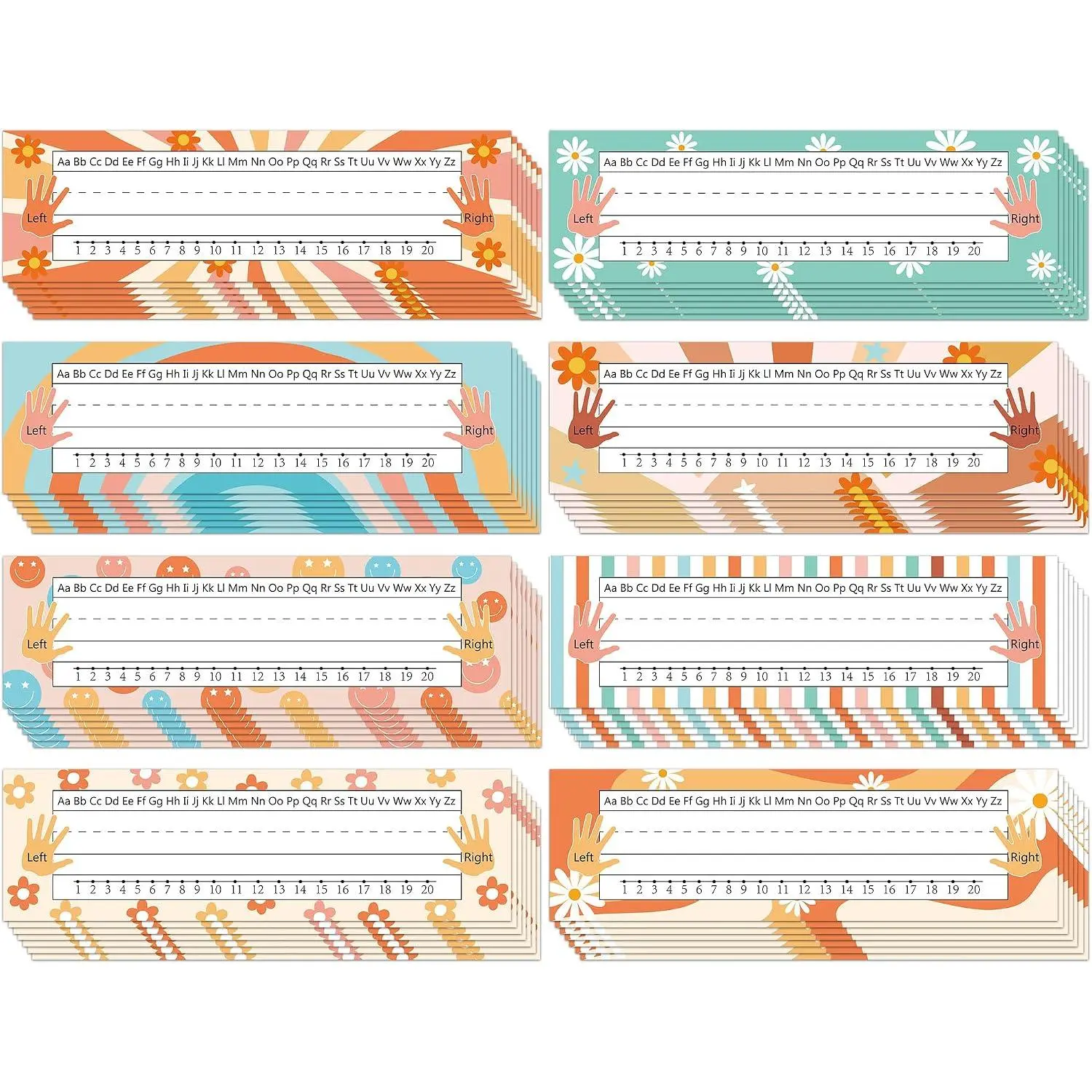 72-Count High-Quality Paper Groovy Desk Name Plates, Self-Adhesive Classroom Desk Labels with Alphabet & Number, Horizontal Layout Multiple Styles Office School Supplies
