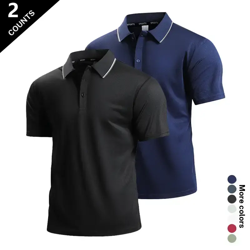 Men’s two pack summer business polo shirts featuring a minimalist, fashionable design with contrast color at the collar. Breathable, moisture wicking, anti pilling, highly elastic, and comfortable—ideal for business, office, casual outings, and outdoor tr