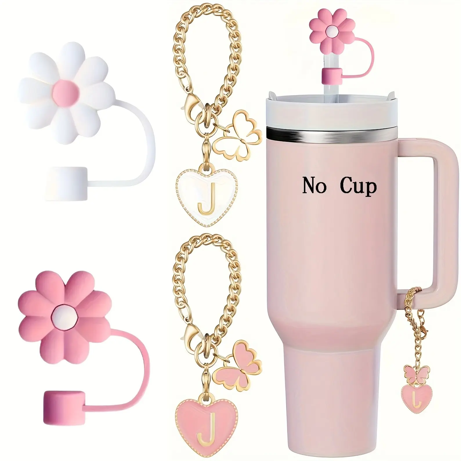 4-Piece Straw Hat Set, 2 Floral Straw Hat Charms & 2 Letter Keychains, Fits 30&40oz Cups with Handles, Perfect for Holidays