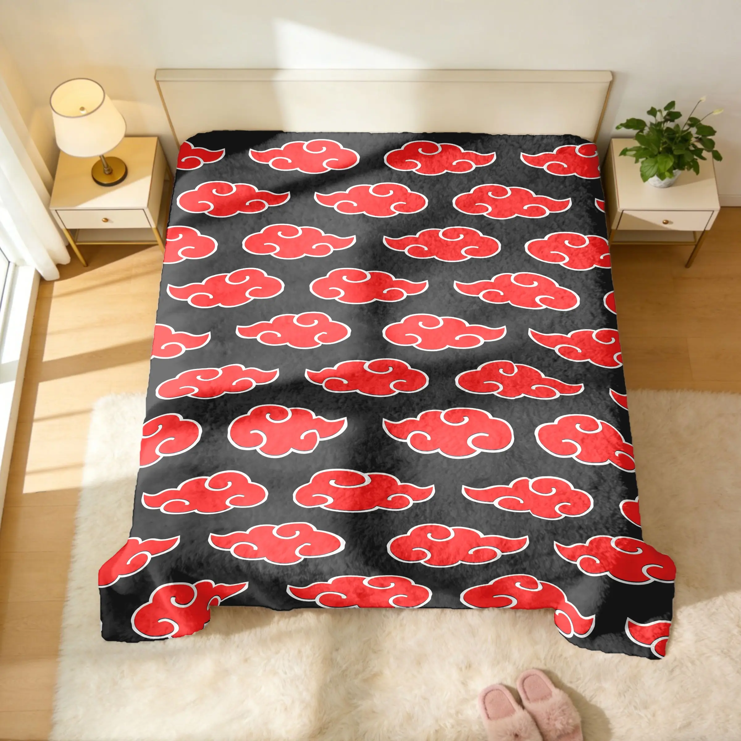 Naruto Akatsuki Red Cloud All Over Print Throw Blanket - Classic Akatsuki Symbol Repeating Pattern, Soft Flannel Warm Cover, Machine Washable, Multi-Scene Use, Must-Have Collectible Gift for Naruto Fans | Anime Home Decor Merchandise Flannel Cozy Blanket