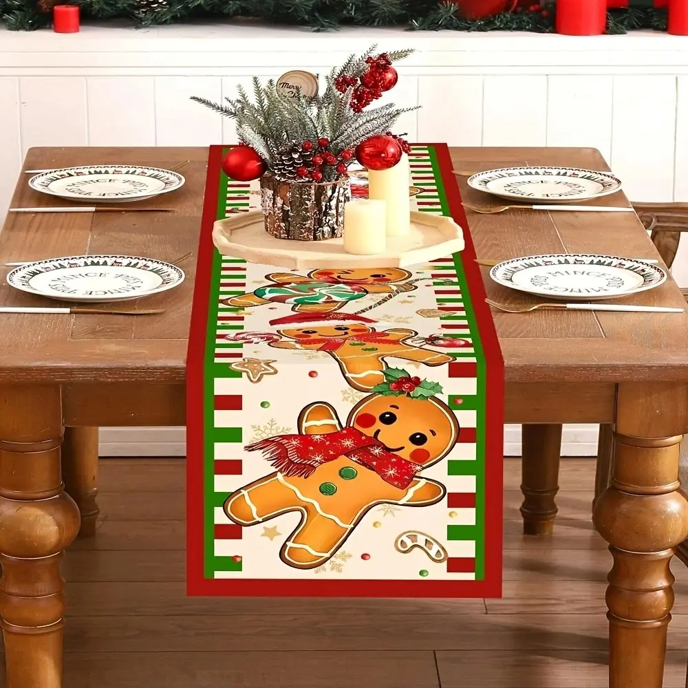 Christmas Table Runner, Gingerbread Man Design with Snowflake Scarf, Retro Style, Polyester Material, Winter Holiday Party Decor