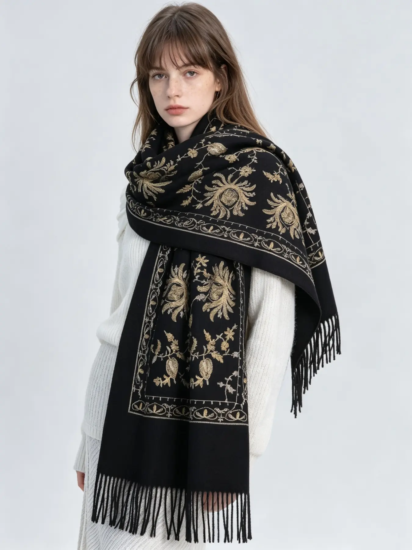 Elegant Floral Embroidered Long Shawl, Thickened Faux Cashmere Fringe Scarf, Women's Fall Winter Coat Accessory, Warm Neck Wrap