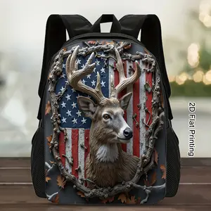 [1pc Deer Flag Backpack] Artistic 2D Flat Printing Deer American Flag Print Backpack |   Scratch Resistant, Perfect for Outdoor Activities and Commute |   1pc