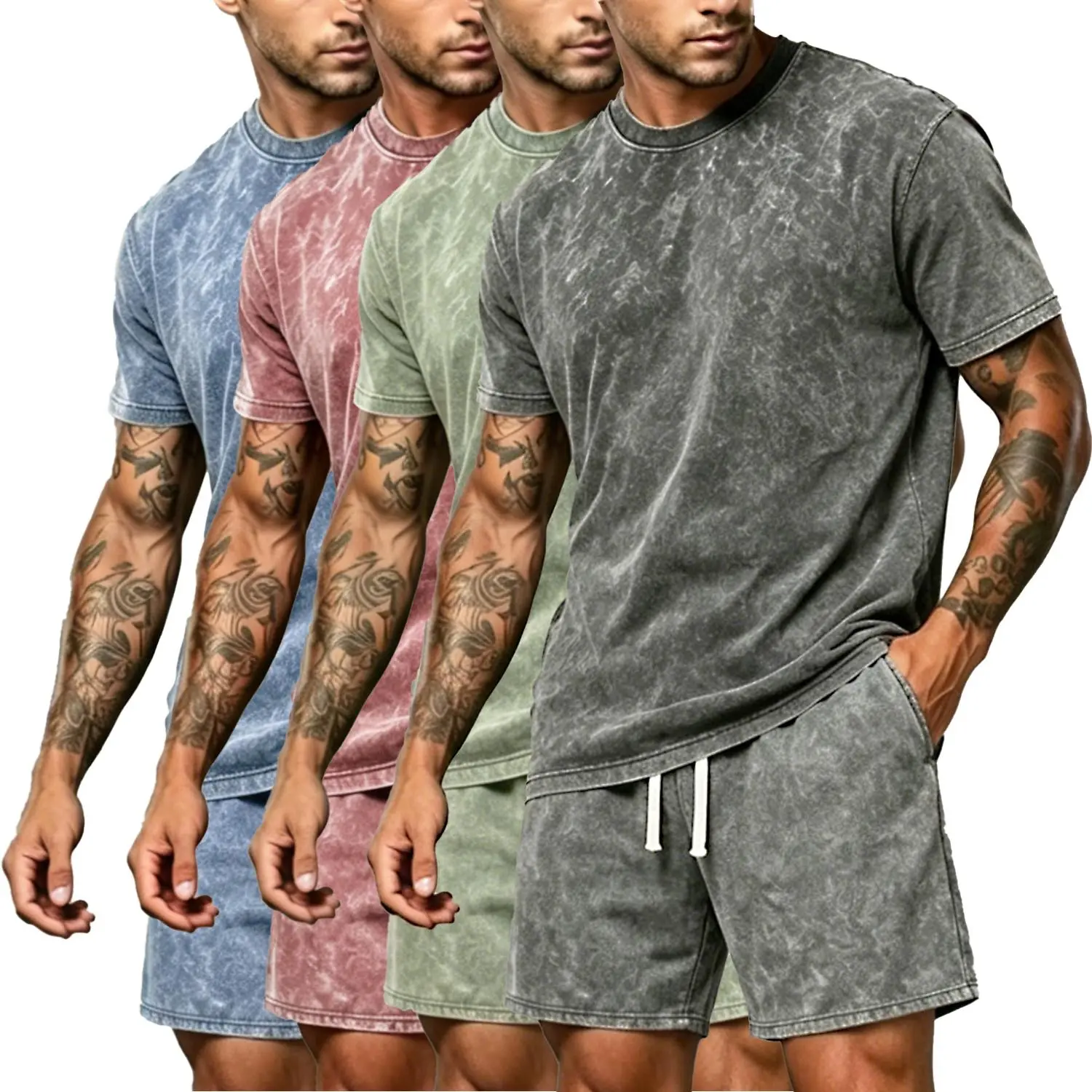2 Piece Mens Outfits Acid Wash Short Sets Vintage T-Shirt Lightweight Breathable Cotton Tee and Drawstring Shorts Set Retro Y2K Grunge Streetwear Co-ords Summer Casual Matching Sweat Tracksuit Male Gym Loungewear Aesthetic Clothing Regular Fit Faded Look
