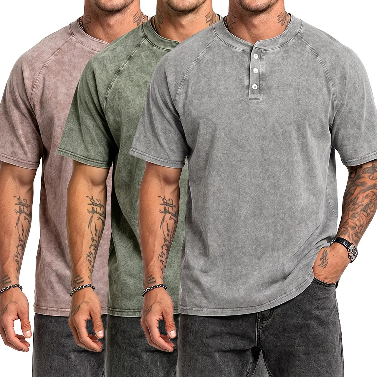 2/3 Pack Men's Vintage Washed Henley Shirts, Short-Sleeve Plain Pullover T-Shirt, Relaxed Fit Casual Wear Top, Shortsleeve, Menswear, Button Placket, Henley Neck