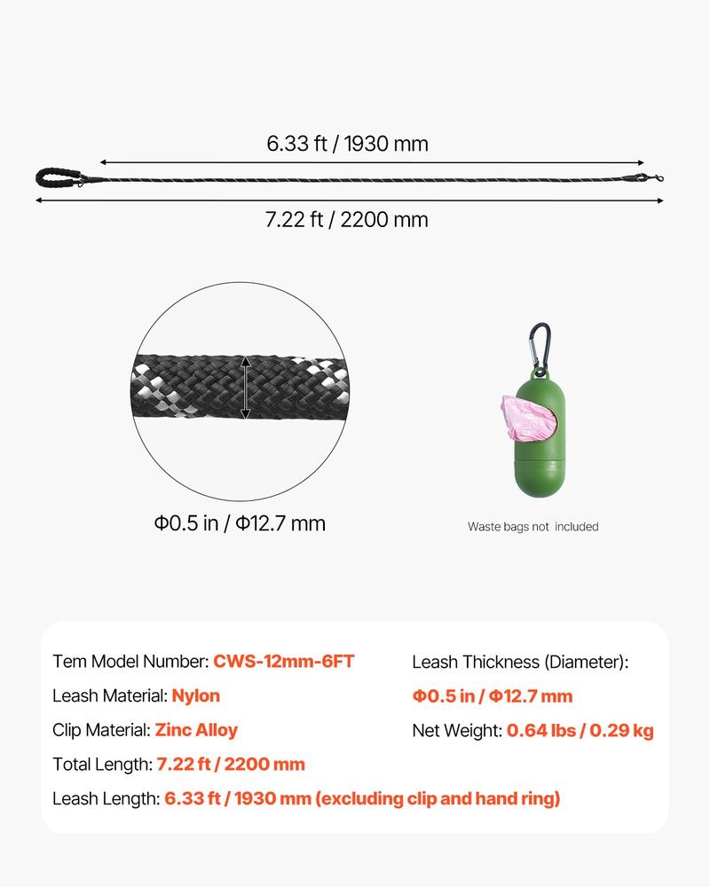 VEVOR Rope Dog Leash, 6ft Heavy Duty Dog Leash with Comfortable Padded Handle, Strong Nylon Thick Leash with Reflective Threads, Dog walking and Training Leash, for Medium Large Dogs (1/2 in, Black)