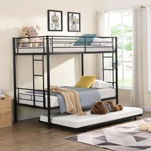 ARCH Twin Over Twin Metal Bunk Bed with Trundle for Kids Teens, Space-Saving Black Bed Frame with Pull-Out Trundle, Heavy Duty Steel Frame, No Box Spring Needed, for Bedroom, Guest Room, Dormitory, Bedroom Furniture for Bedroom, Guest Room