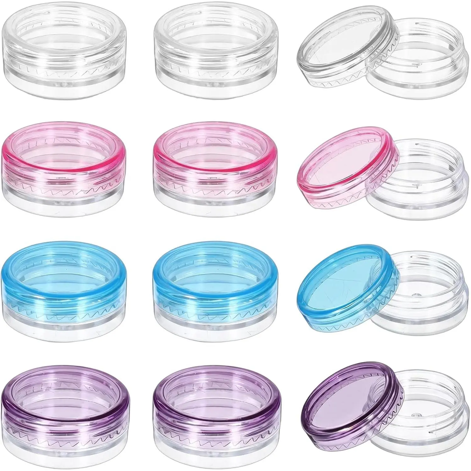 Small Travel Containers, 12 count Sample Containers with , 2g Mini Travel Jars for  Refillable Makeup Samples Container Clear Sample Pots Toiletries  (4 Colors, 3x1.2cm)