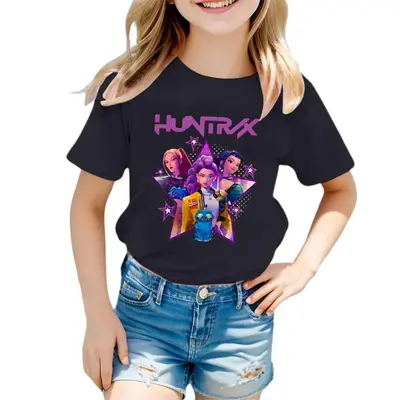 Girls T-Shirt Cute Cartoon Graphic Tshirts Trendy Funny Anime Hunters Shirts Loose Pink Tops Kids Short Sleeve Crewneck Tees