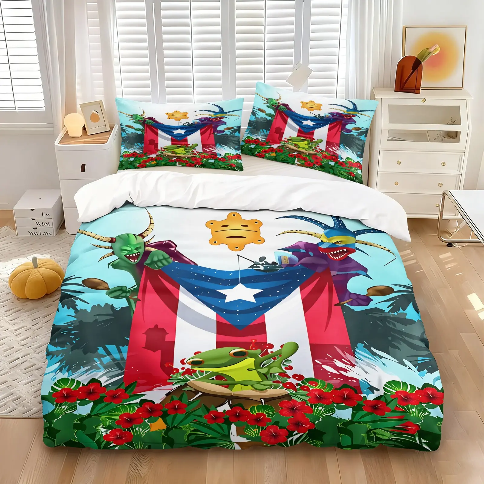 Hawaiian Tropical Puerto Rico Theme Duvet Cover Set, Include 1 Quilt Cover and 1/2 Pillowcases, Coqui Frog Vejigante Mask Puerto Rico Flag Red Hibiscus Flower Palm Leaf Print Comforter Cover, Explosions Trend, Fashion Personality