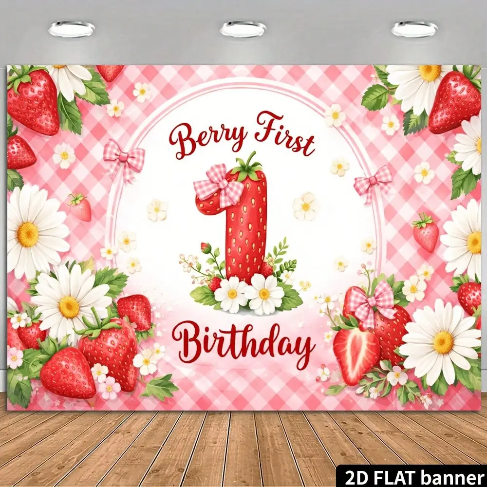 Strawberry First Birthday Celebration Backdrop Fabric Party Banner Tapestry Sweet Pink Theme Decoration Photo Background Wall Hanging Event Decor Birthday Festival Indoor Outdoor Scene Photography Prop Polyester Fiber Durable Home Room Decor