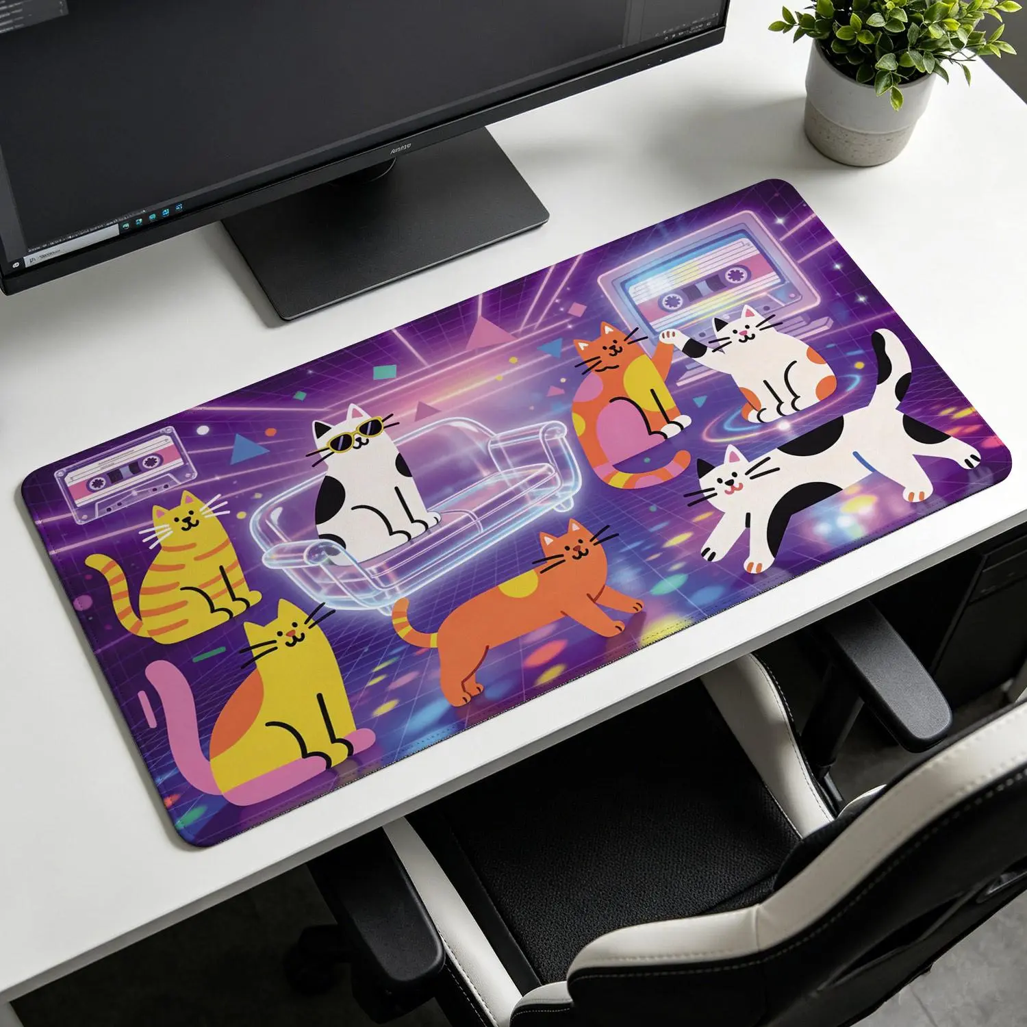 80s Retro Synthwave Neon Cats Illustration Mouse Pad - Extra Large, Multi-Size Pad, Non-Slip Rubber Base, Lock Edge, Washable, Precision Control, Desktop Protector for Gaming, Office Users, Gift Option