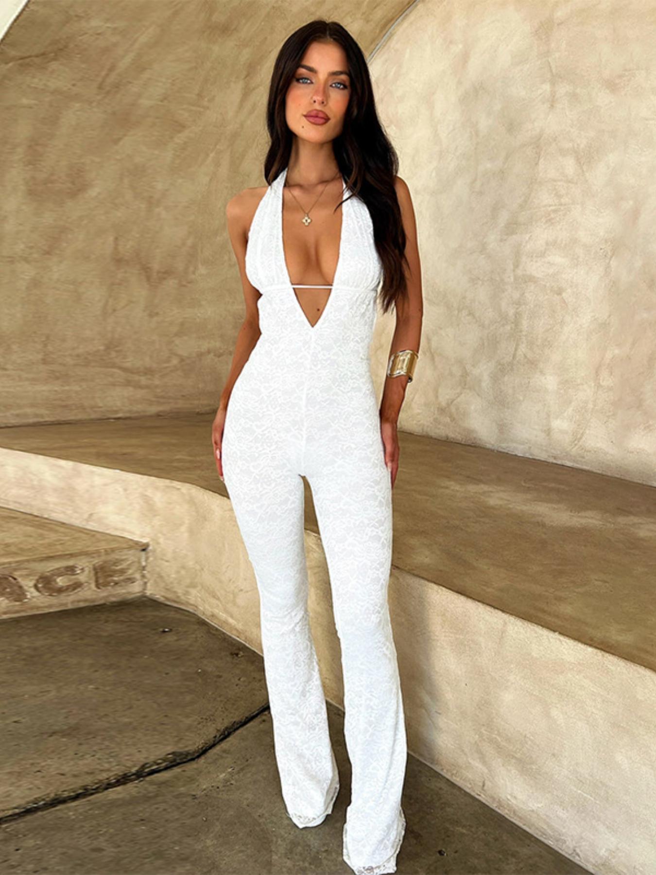 Women's Plain Halter Neck Tie Back Jumpsuit, Casual Sleeveless Backless Jumpsuit for Daily Wear, Ladies Clothes for All Seasons Overalls, Skinny Jumpsuit