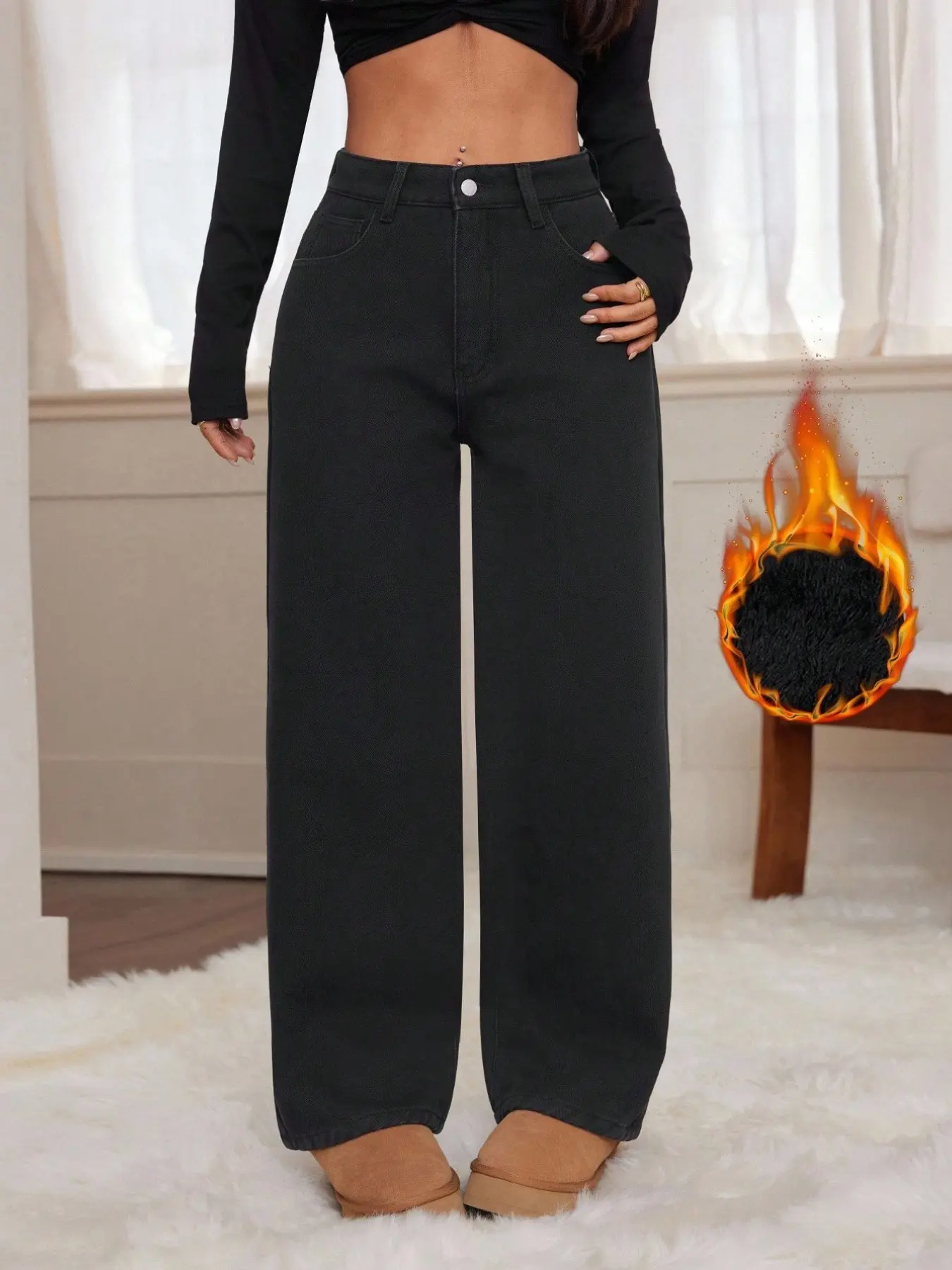 Women's Fleece Lined Fall Winter Casual Stretch Jeans, Vintage Washed Cotton Blend Floor-Length Pants, Comfortable Loose Fit, Essential Wardrobe Item