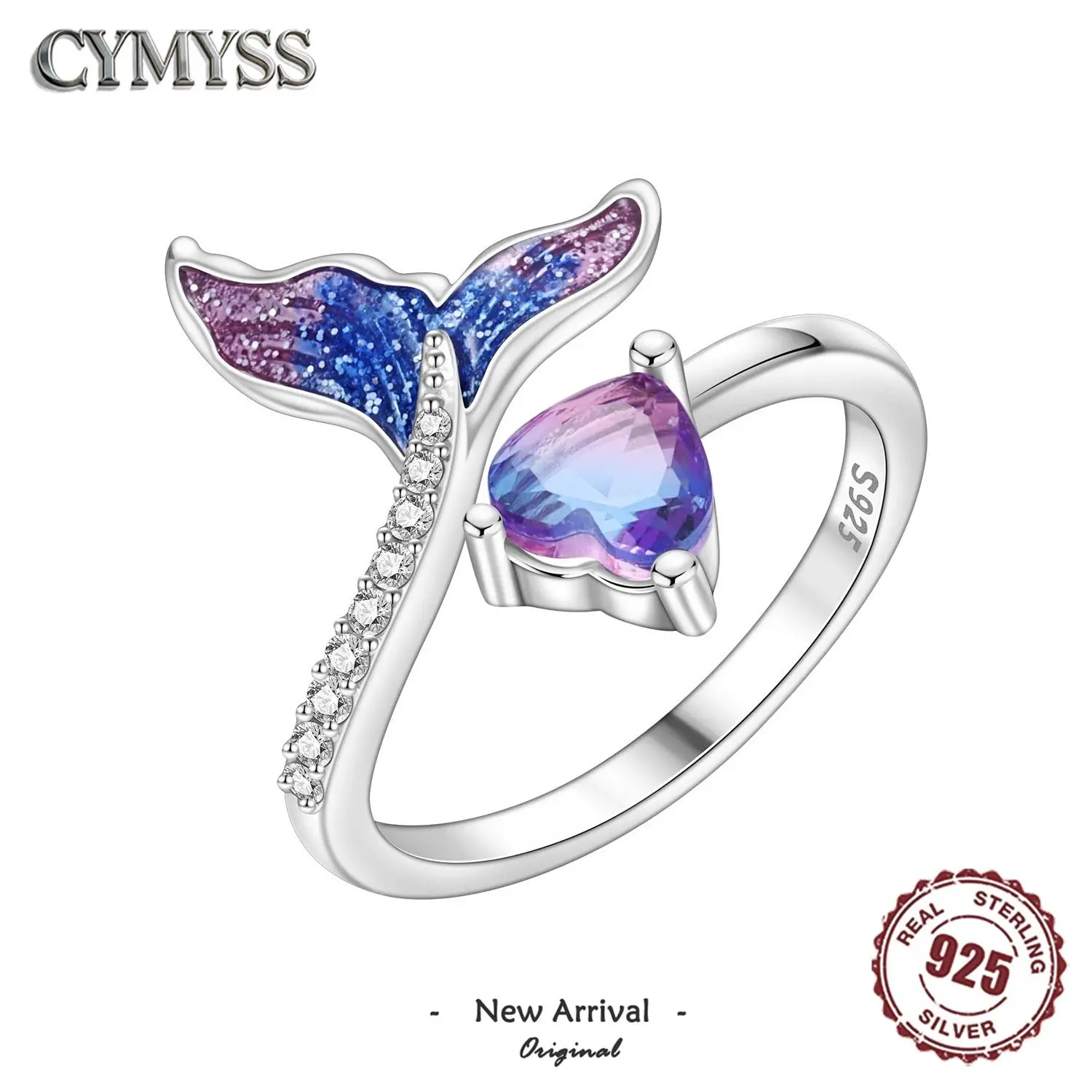 2026 HOT Sale 925 Sterling Silver Open Rings Adjustable Mermaid Heart Inlaid Zircon Ring Women Original Daily Fine Jewelry Gifts