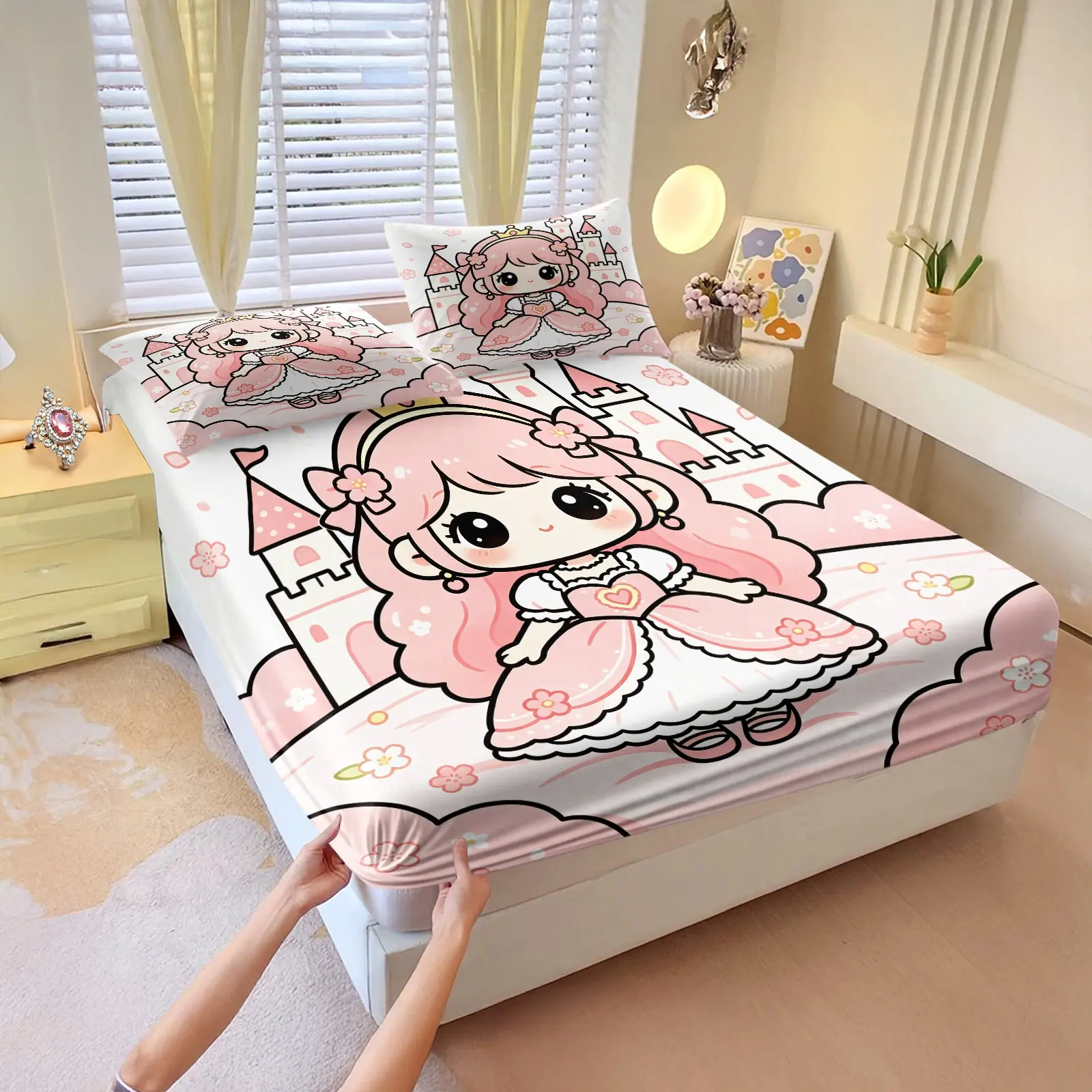 3Pcs Pink Castle Princess Fitted Sheet Set, Bed Linens, HD floral print soft skin-friendly, machine washable deep pocket design, Deep Pocket Sheets, for bedroom dorm, heartwarming summer birthday gift for girls all-season use