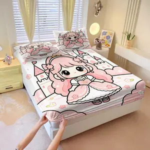 3Pcs Pink Castle Princess Fitted Sheet Set, HD floral print soft skin-friendly, machine washable deep pocket design, for bedroom dorm, heartwarming summer birthday gift for girls all-season use