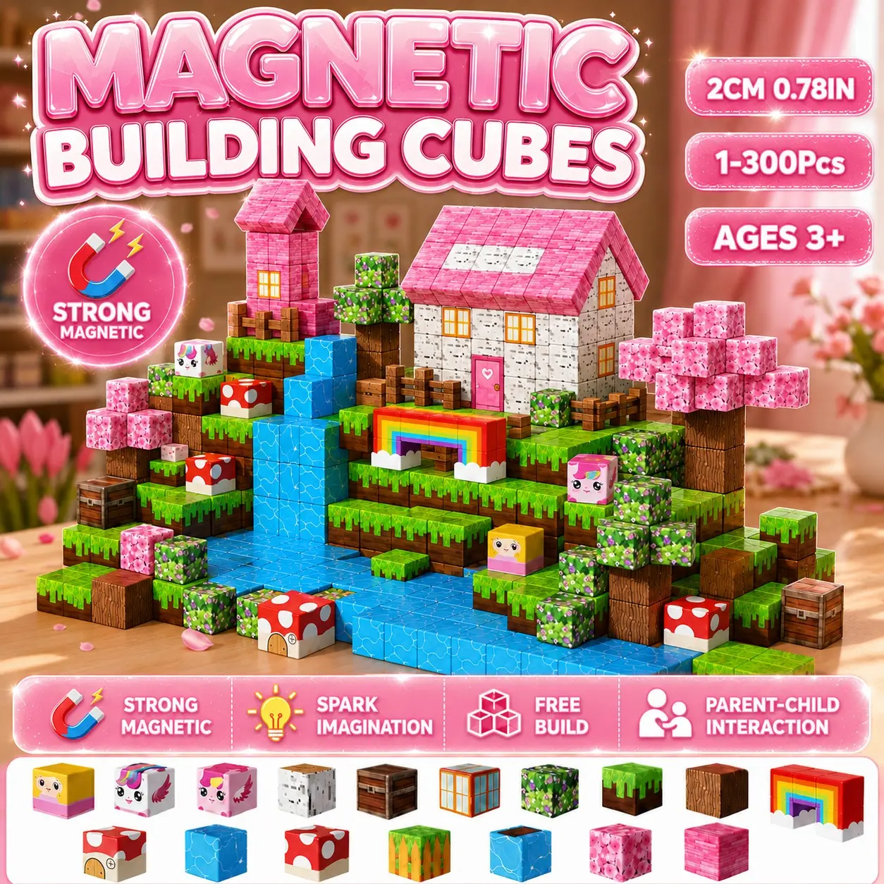 100 Magnetic Building Blocks Toy, Cute Unicorn DIY Cube Stem Sensory Playset, Perfect Gift for Kids Ages 3-10, Christmas Birthday New Year Halloween