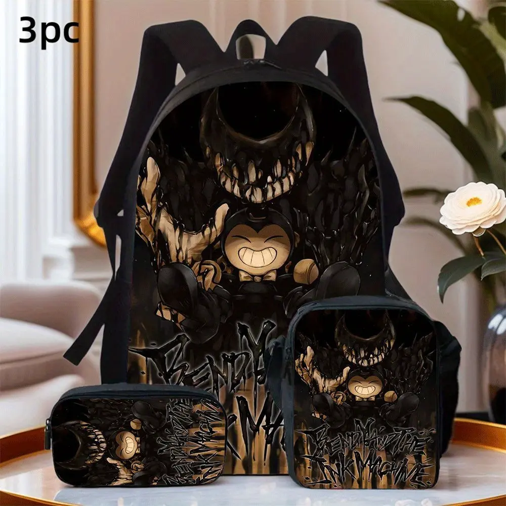 Kids' 3-Piece Horror Theme Cartoon Print School Backpack Set Pack - 600D Oxford Fabric Waterproof Backpack, Lunch Bag, Zippered Pencil Case, Ink Demon (Bendy and the Ink Machine) Art, Durable Breathable Adjustable Straps, for Daily Use