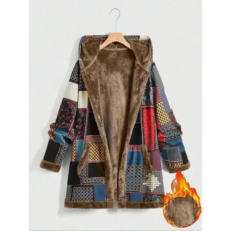 Women's Plus Size Plaid Patchwork Hooded Jacket - Casual Open Front Thermal Lined Longsleeves Top with Pockets for Fall Winter, Jackets