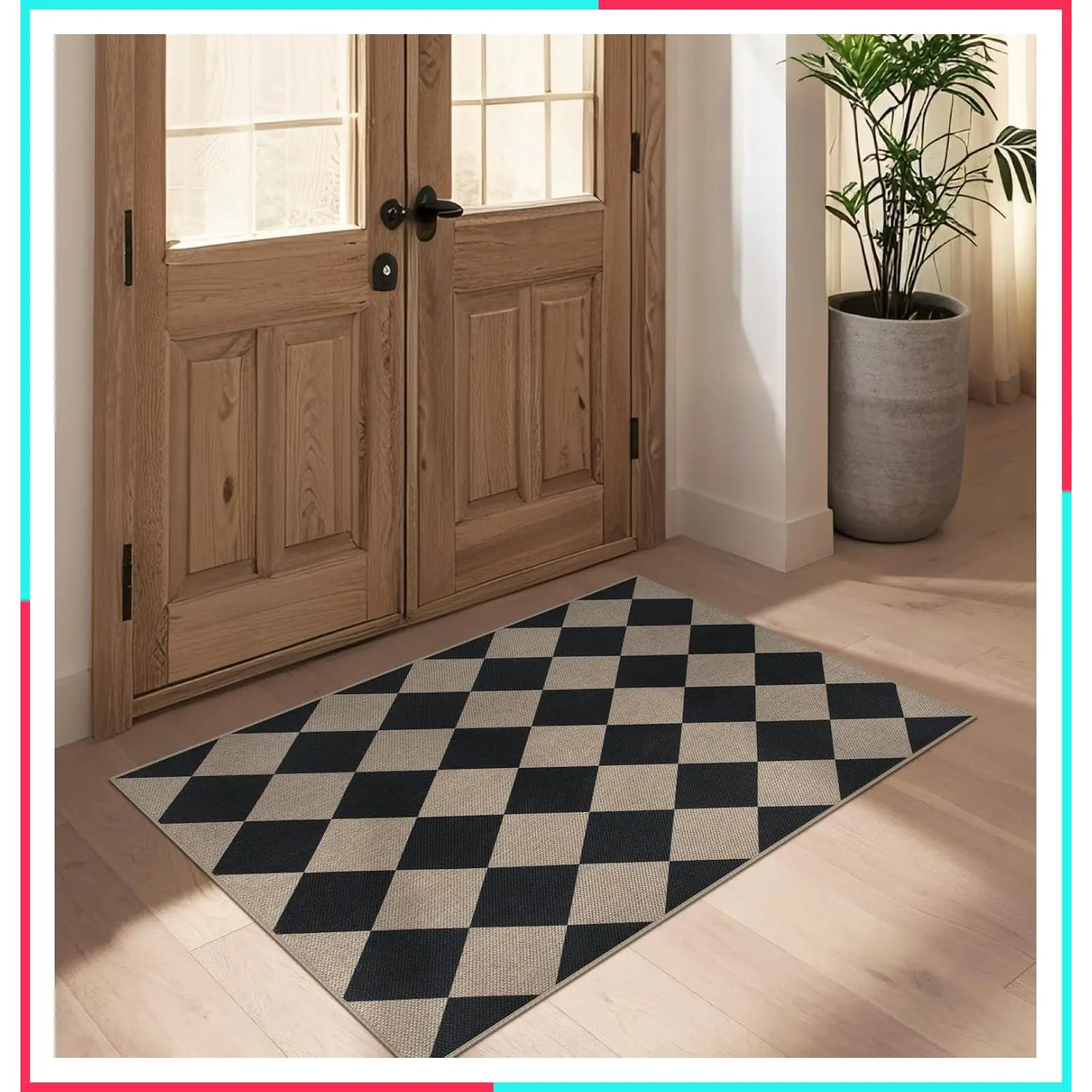 Easy Jute Checkered Entryway Rug, 2.6x4 Black Modern Indoor Outdoor Doormat, Washable Non-Slip Neutral Kitchen Rug Farmhouse Diamond Throw Rugs for Entrance Bedroom Bathroom
