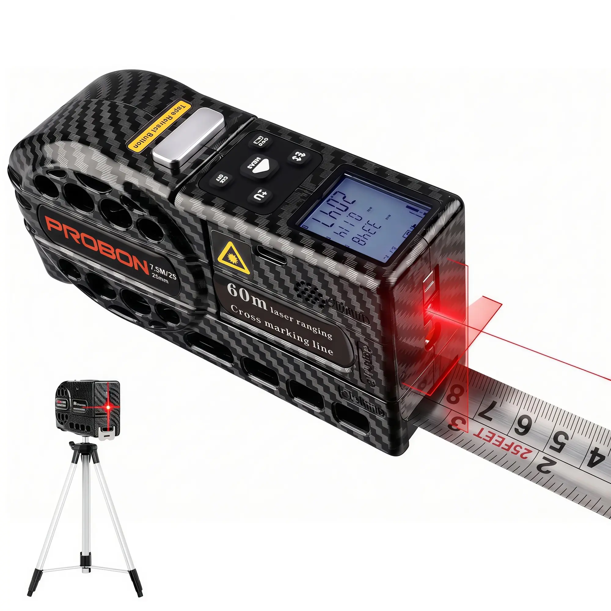 5-In-1 Laser Tape Measure with Level, 196ft/60m Laser Distance Meter, Backlit LCD Display, Auto-Lock Tape, Carbon Fiber, XS-J03 Model
