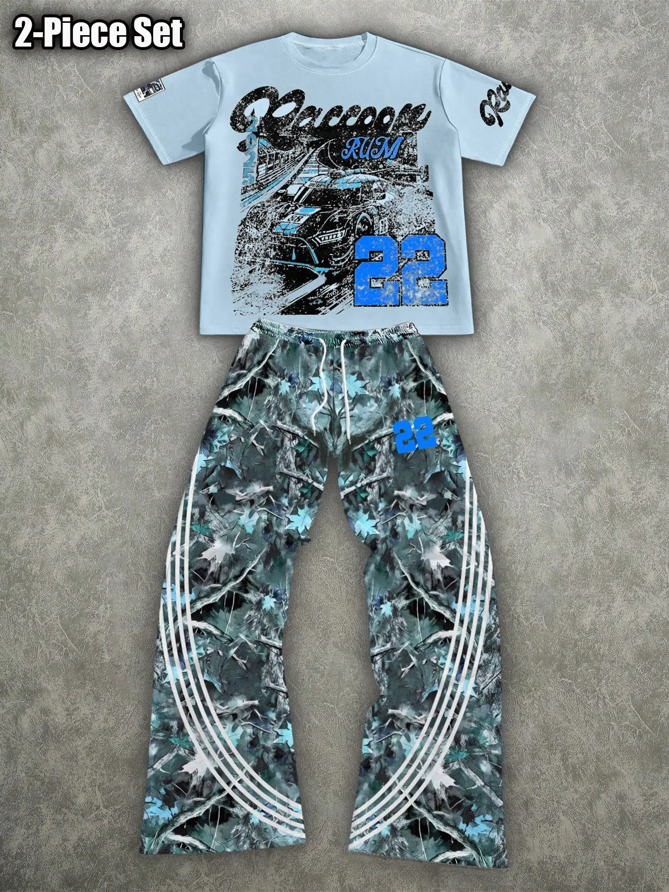 Men's Summer Two-Piece Set, American Retro Racing Theme Street Style, Short Sleeve T-Shirt + Camo Wide-Leg Pants, Casual Fashion Loose Fit