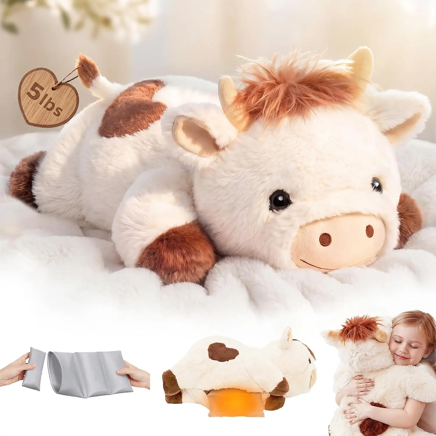 Weighted Stuffed Animals for Adults & Kids, 2-5 lbs - 23" Heatable Coolable Cow Plush, Microwavable Adjustable Removable Inner Pad, Realistic Hug Comfort Gift (White)