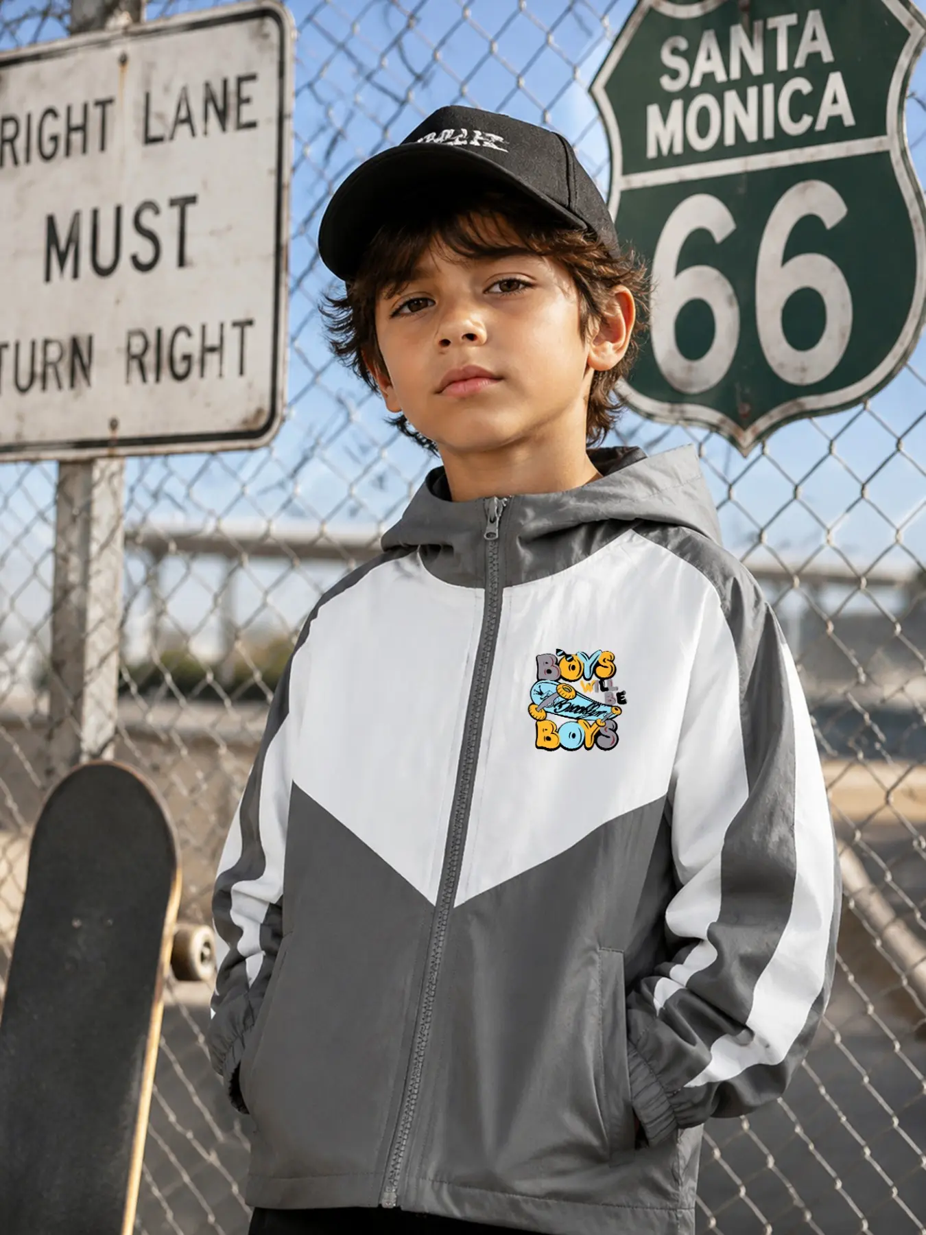 Boys' Zipper Hooded Jacket, Cartoon Graffiti Print, Long Sleeve, Loose Fit, Spring & Fall, Side Pockets, Casual Style