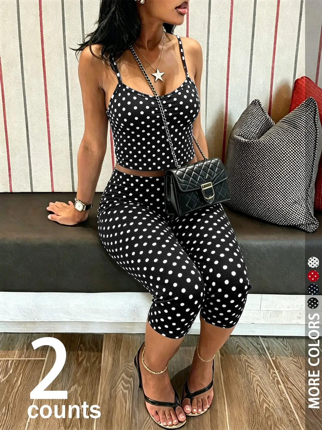 Women's 2-Piece Set Outfit, Casual Sexy Chic Polka Dot Tank Top and Slim Fit Five-Quarter Pants, Soft Fabric, Summer Fashion, Multiple Colors Available