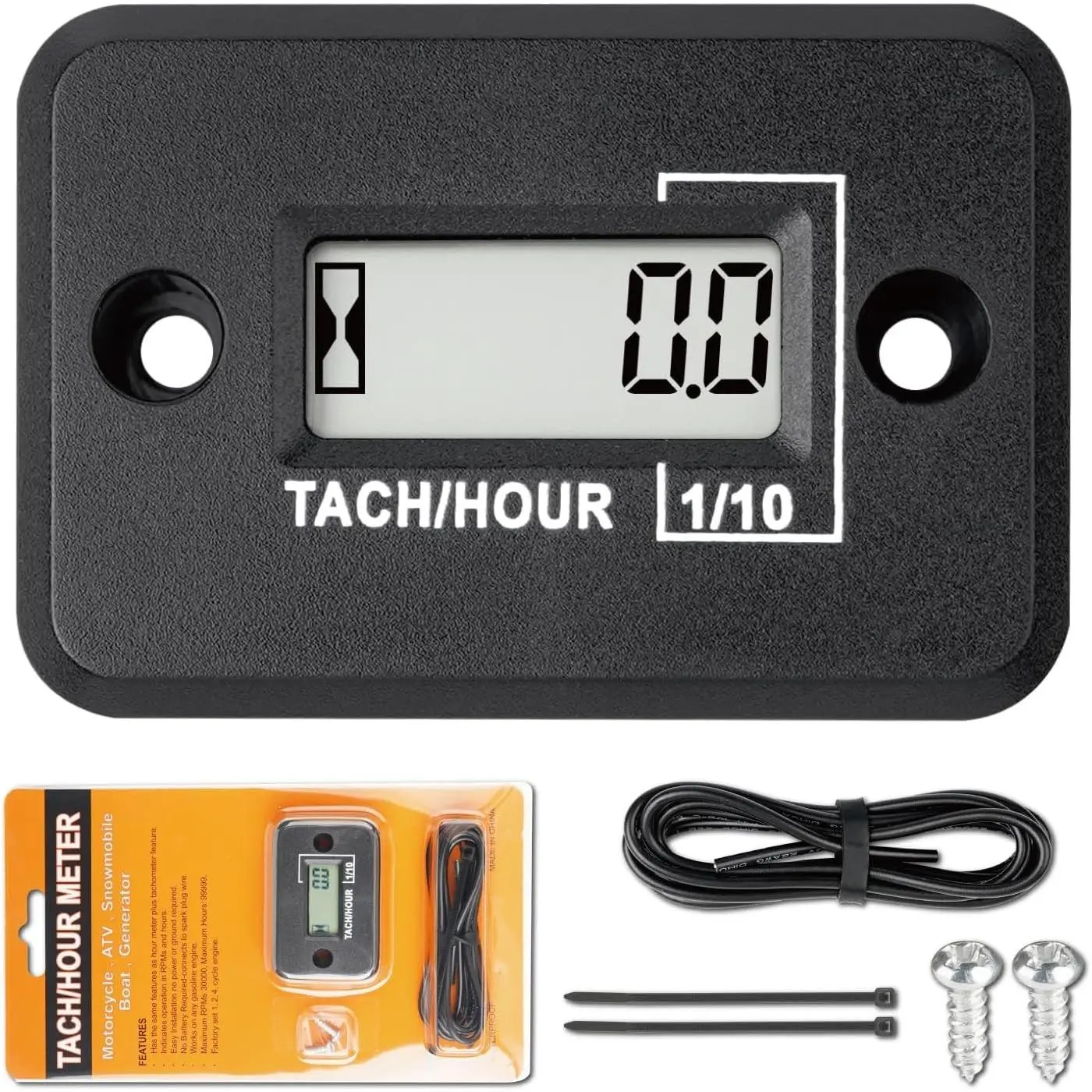 Self-Powered Tach Hour Meter Digital LCD Inductive Tachometer Timing RPM Measuring Waterproof Design for Gas Engine Lawn Mower Motorcycle Snowmobile Generator 2 Stroke Black