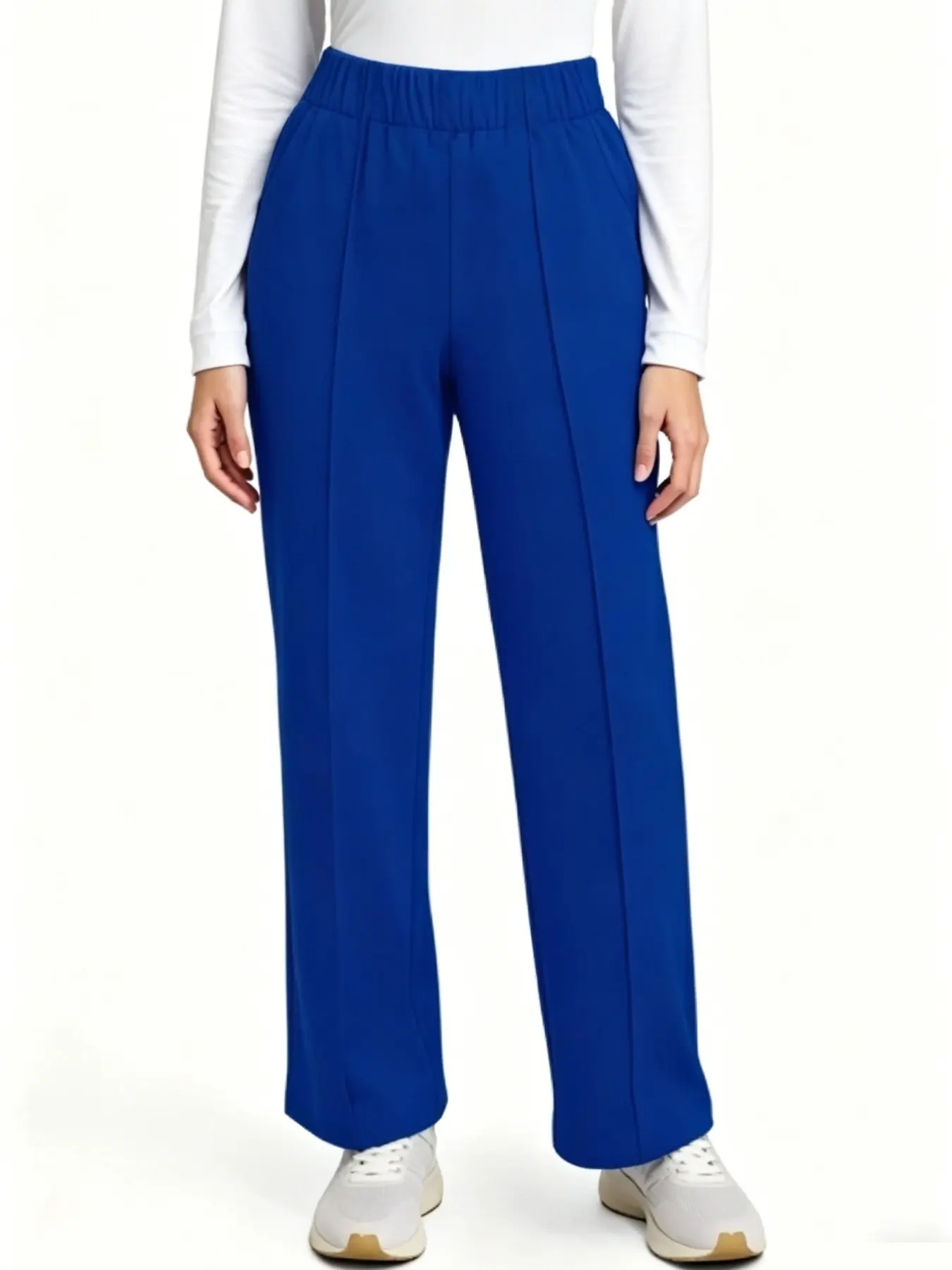 Women's Front Pleated Medical Pants, Elastic Waist Straight Leg, Multi-Pocket Nurse Workwear, Suitable for Clinics, Beauty Salons
