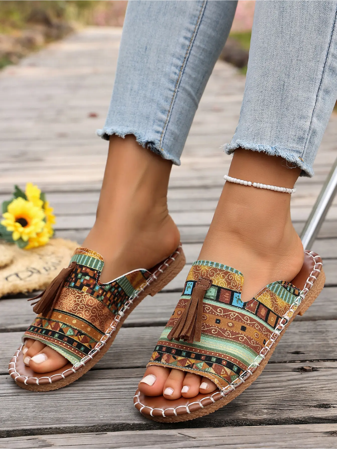 Boho Open Toe Flat Backless Slipper Sandals, Printed Canvas Slip On Shoes for Daily Comfort Wear