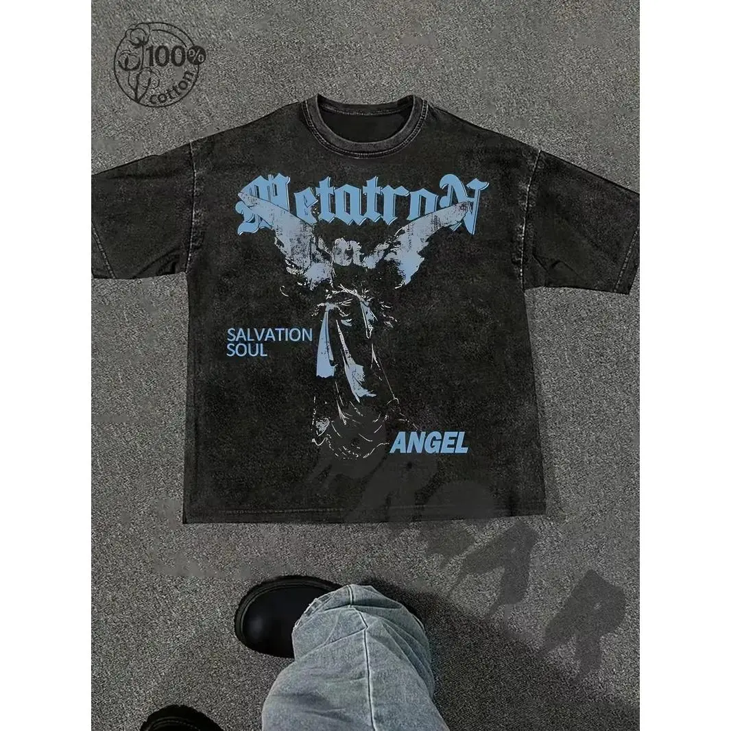 Men's Vintage Metatron Angel Graphic Tee - All Over Print, Heavy Cotton, Metatron Script, Mineral Wash, Oversized Box Fit Washed Short Sleeve Shirt for Casual Wear
