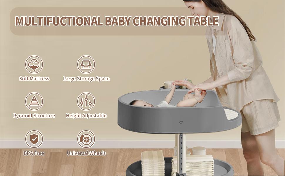 An Diaper Changing Station, Portable Changing Table for Baby, Diaper Changing Table with Storage Drawers, Waterproof Baby Changing Station with Wheels and Adjustable Height for Newborn Infant and Toddler