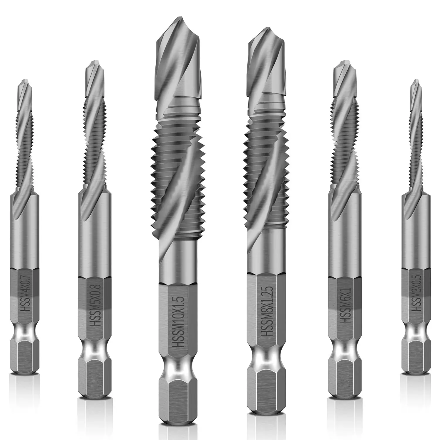 2-in-1 Drilling and Tapping 6-Piece Metric Bit Set, 1/4-Inch Hex Shank Titanium-Plated HSS Screw Machine Compound Bits (M3, M4, M5, M6, M8, M10), 1/8 to 3/8 Inch Hand Tools