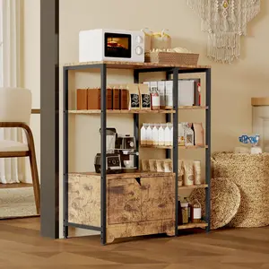 Brown 5-Tier Freestanding Bookshelf Storage Rack, Modern Particle Board Shelves with Sturdy Metal Frame & Drawers, Multipurpose Organizer for Living Room, Kitchen & Office