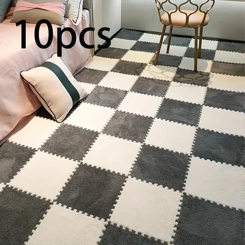 10 Piece Interlocking Fleece Carpet Set, Bedroom Foam Puzzle Mats, Living Room Floor Pads, DIY Bedside Rugs, Cuttable Decorative Tiles