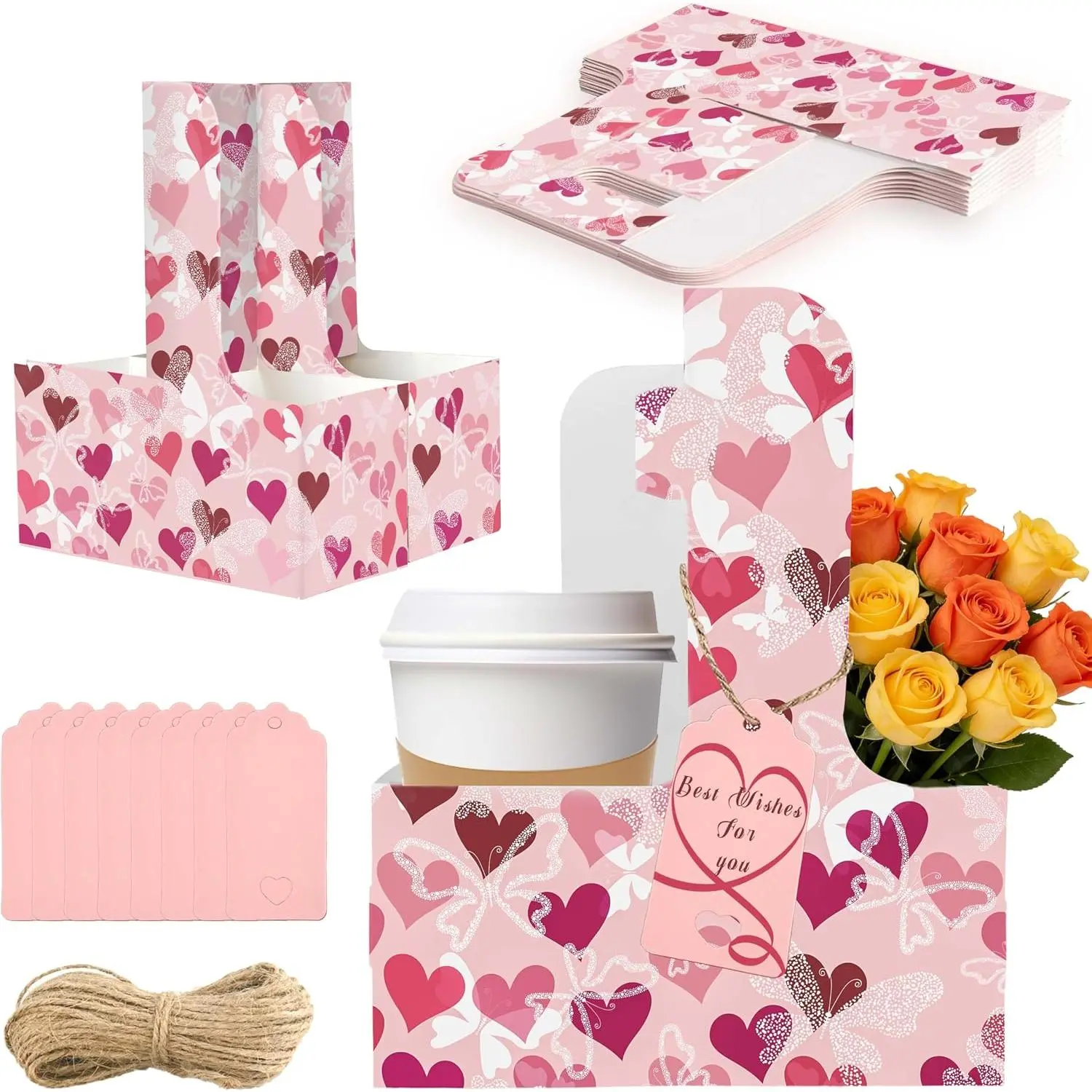 8 Set Drink Carrier,Cardboard Cup Holder with Love, Coffee Cup Holder with Handle,Coffee Carrier with Greeting Card and Ribbon for Valentine's Day Gifts Party ,