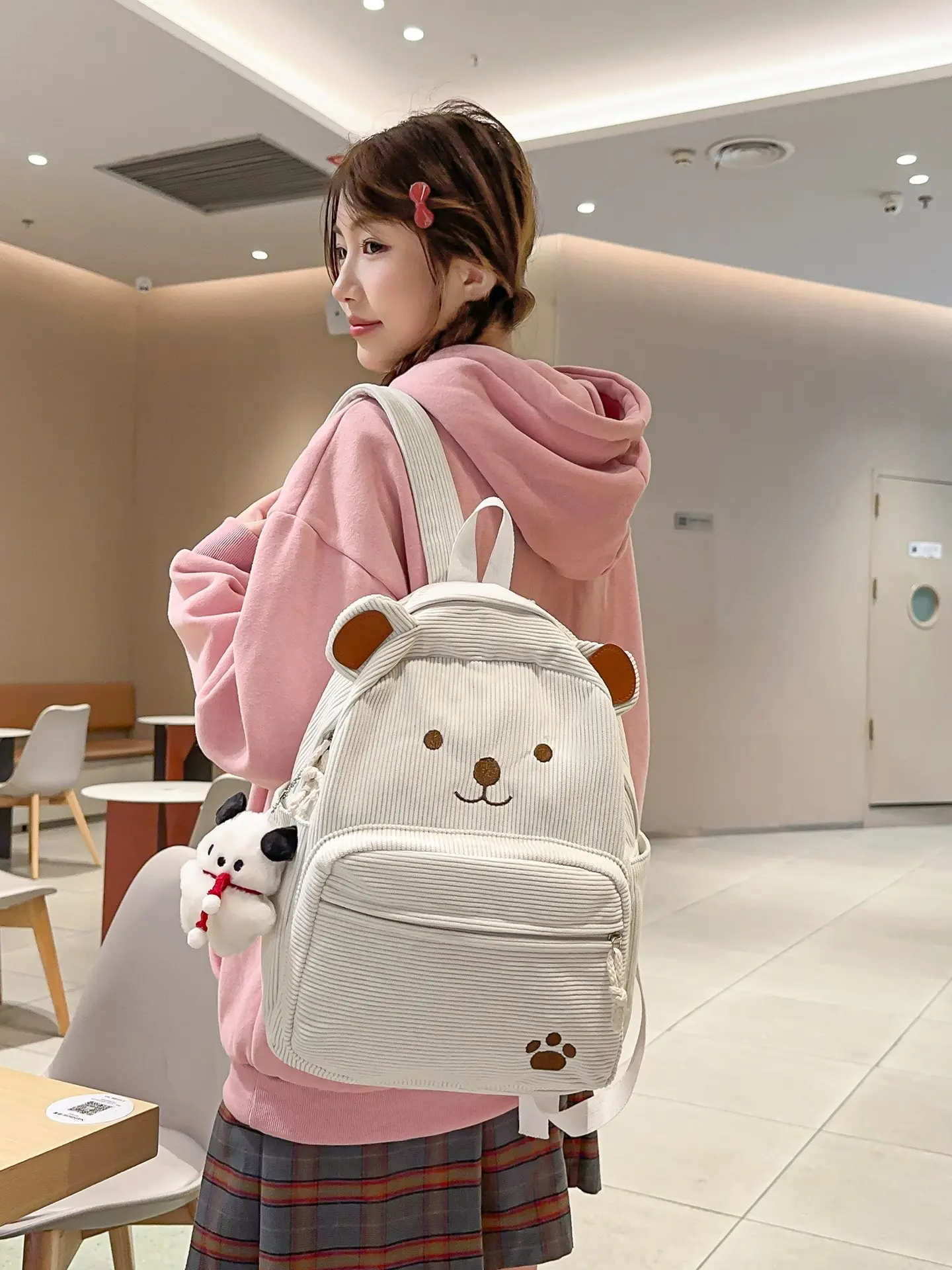 Bear Backpack with Embroidered Paw Print, 3D Ears Cartoon Student Bag, Cute Panda Charm, Travel Backpack, All Seasons