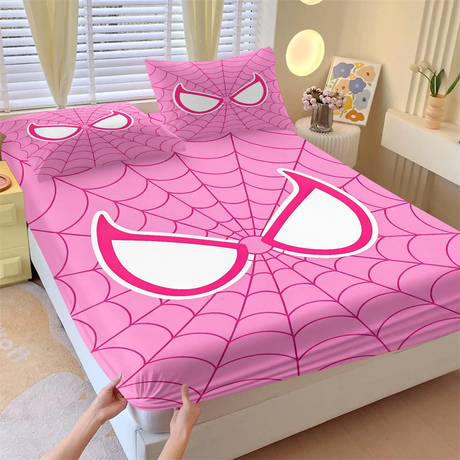 Pink Base Pink‑Tone Spider Web Fitted Sheet Set & 2 Pillowcases, Bedsheet, White‑Pink Grid Eye Window Mask Design Print Bedding, Elastic Binding Deep Pocket, Sweet Comic‑Inspired Style Girl Teen Bedroom Dorm Gaming Room Decor