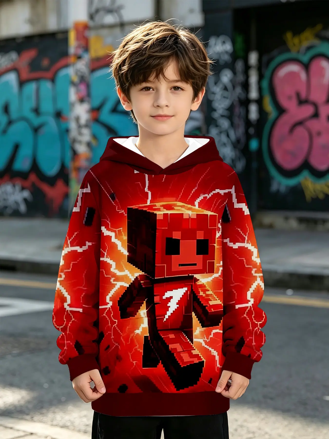 Unisex Long Sleeve Hooded Sweatshirt, Pixel Block Character Lightning Effect Full Print Jumper, Casual Loose Fit Fall Winter Wear