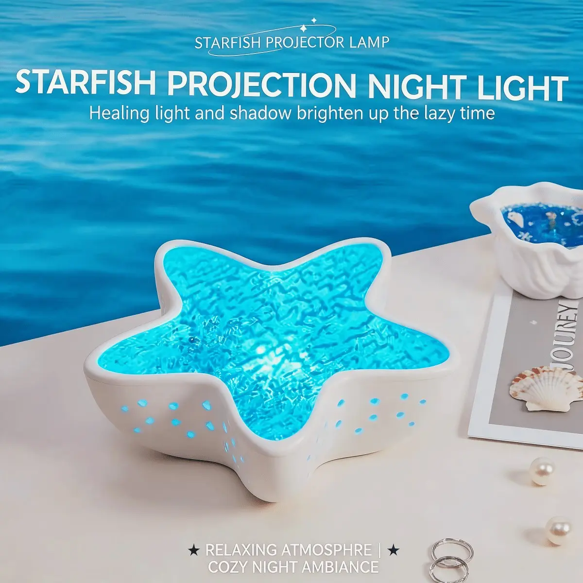 Starfish Galaxy Projector Lamp, Decorative Atmosphere Lamp, 7-Color Ocean Wave Night Light, 360° Rotating Planetarium Star Projector, Aesthetic Room Decor, Romantic Gift for Kids Adults Family Friends