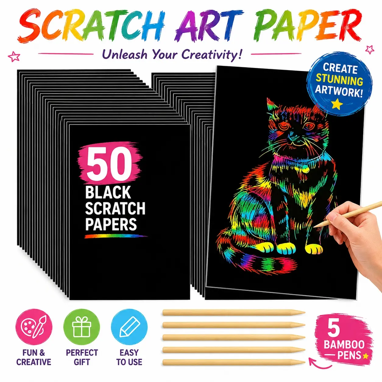 50Pcs Rainbow Scratch Art Paper Set with 5 Bamboo Pens, Magic DIY Drawing Craft Kit for Kids, Classroom Art Activity, Birthday Party Favors & Holiday Gifts