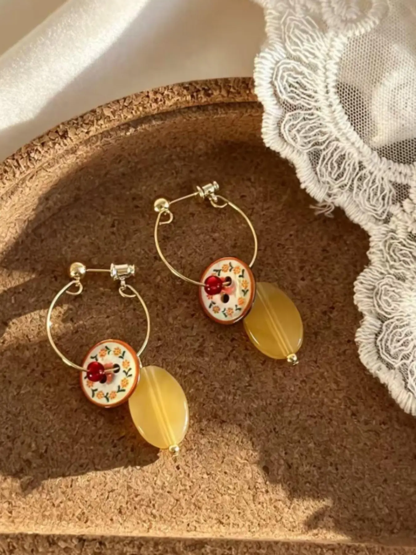 Women's Elegant Earrings,vintage cherry flower enamel hoop drop earrings, yellow agate oval two tier dangle ear rings, retro cottagecore fruit floral layered ear jewelry teen girls romantic dainty ear jewelry, office commute soft vintage drop hoops