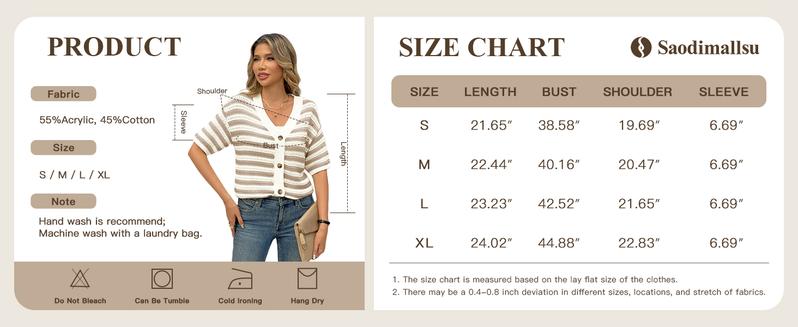 Saodimallsu Womens Short Sleeve Striped Cardigan Sweaters Crochet Knit Button Down Shirts V Neck Spring Summer Tops