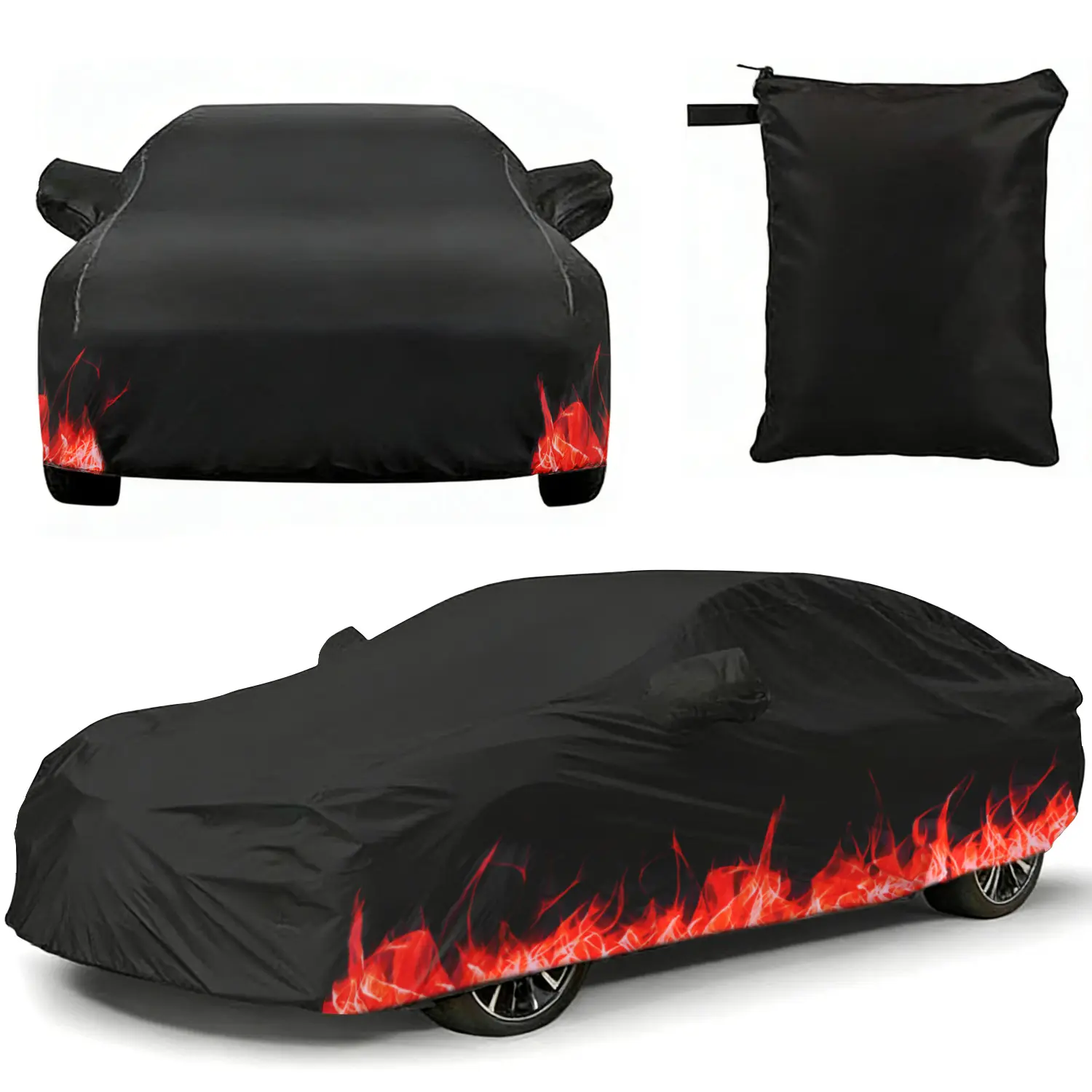Flame Bottom Print Black Car Protective Cover - All-Weather Waterproof, UV Protection, Heat-Resistant, Quick-Drying Auto Shield with Elastic Hem, Fixed Strap for Sedan & SUV