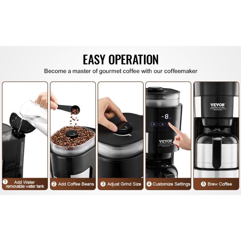 fathersdaygift VEVOR Coffee Maker with Grinder, 8 Cup Programmable Coffee Machine, Grind and Brew Coffee Maker with 24-Hour Timer for Auto Brew, Reusable Filter, for Home Office Restaurant