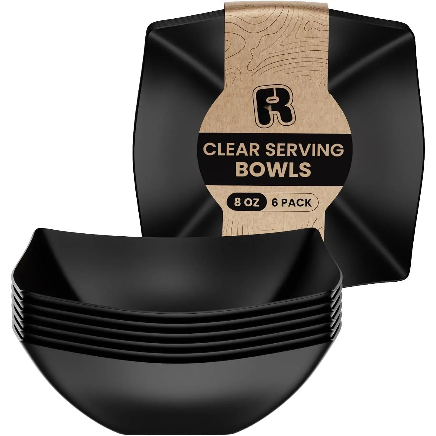 6 Pack Square Plastic Serving Bowls - Black Plastic bowls 8 Oz - Disposable Serving Bowls, Disposable Heavy Duty For Weddings Catering And Birthday parties