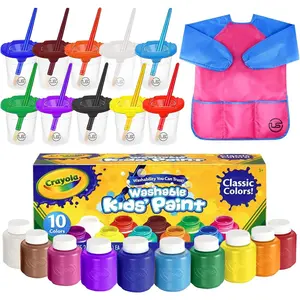 The Mega Deals Kids Painting Set - Washable Non-Toxic Finger Paints (10 Colors of 2 oz) with 10 Paint Cups, 10 Brushes, Kids Smock Mess-Free Toddler Art Supplies Painting Kit for Kids Gift Bundle